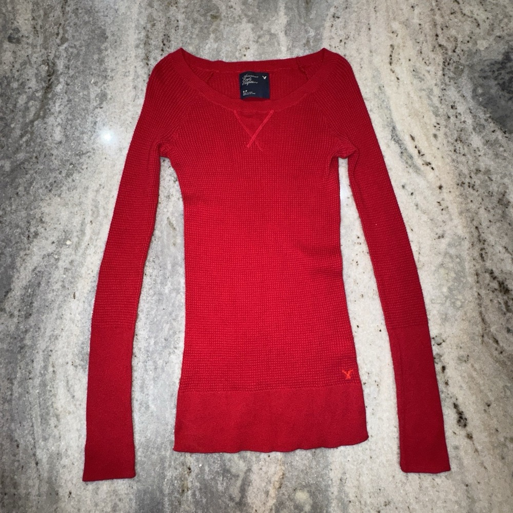 American Eagle Y2K Knit V Neck Long Sleeve Shirt Red Sz Women's S Stretch School